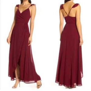 Lulus Here's to Us Burgundy High-Low Wrap Bohemian Romantic Maxi Dress Size S